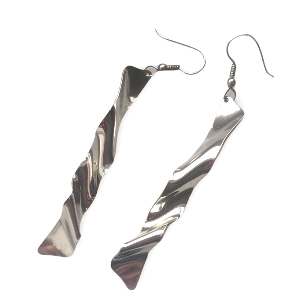 Vintage Long Wavy Silver Earrings